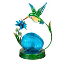 Pollinator Garden Statue, LED Metal Hummingbird With Orb, 10"H