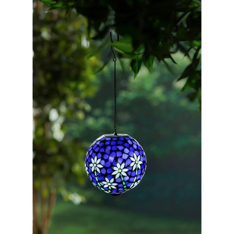 Evergreen Gazing Ball,8" Solar Hanging Mosaic Gazing Ball, Light Blue with Florals,7.87x7.87x7.87 Inches