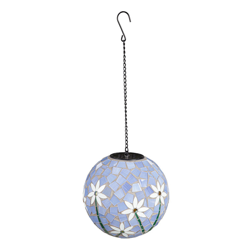 Evergreen Gazing Ball,8" Solar Hanging Mosaic Gazing Ball, Light Blue with Florals,7.87x7.87x7.87 Inches