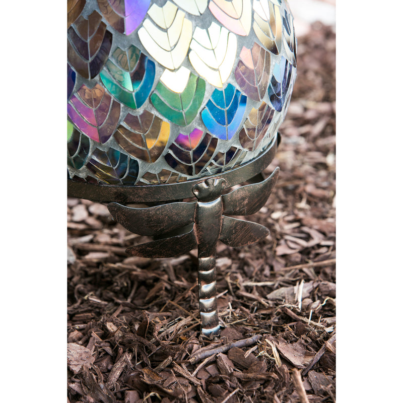 Evergreen Gazing Ball,Gazing Ball Hardware Stand, Dragonfly Adorned,8.5x8.5x6 Inches