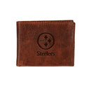 Pittsburgh Steelers, Embossed 100% Genuine Tumbled Leather Passcase Bi-Fold Wallet, Brown