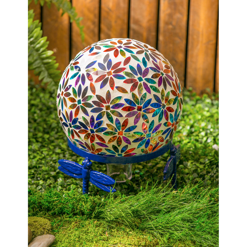 Evergreen Gazing Ball,10" Mosaic Glass Gazing Ball, Multicolored Flowers,9.84x9.84x11.8 Inches