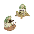 Pollinator Garden Statue, Resin Reading Frog Sitting On Snail & Turtle, 7"H