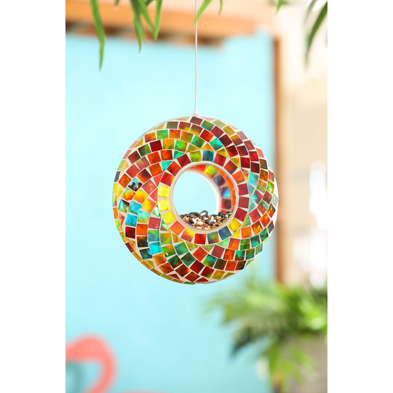 Evergreen Bird Feeder,9.25"D Acrylic Circle Feeder, Rainbow Mosaic Glass,9x3.5x9 Inches