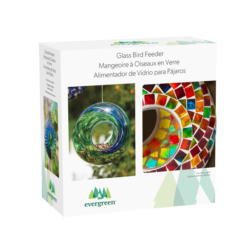 Evergreen Bird Feeder,9.25"D Acrylic Circle Feeder, Rainbow Mosaic Glass,9x3.5x9 Inches
