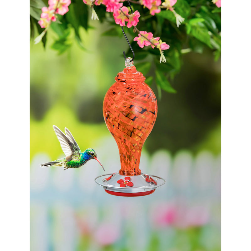 Evergreen Bird Feeder,Red Speckled Art Glass Hummingbird Feeder with Bronze Gondola,5.51x5.51x11.41 Inches