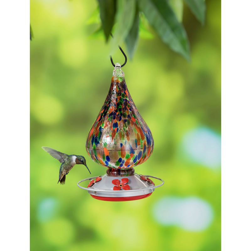 Evergreen Bird Feeder,Multi-Color Speckled Art Glass Hummingbird Feeder with Bronze Gondola,5.51x5.51x10.24 Inches