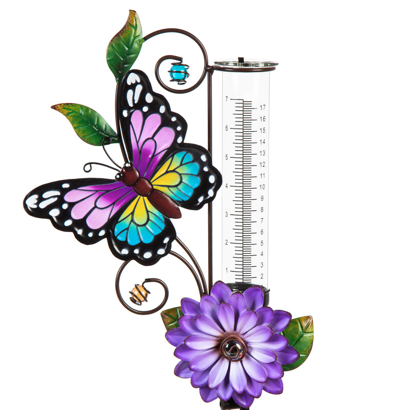 36"H Solar Rain Gauge Garden Stake with Purple Flower, Purple Butterfly, 10"x3.54"x36"inches
