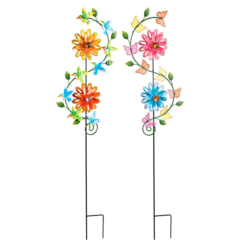 38.5"H Garden Stake with Spinning Flowers, Butterfly and Hummingbrid, 2 Asst, 10.5"x2"x38.5"inches