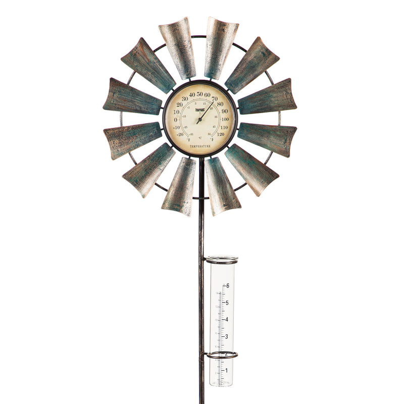 36"H Bronze and Metallic Thermometer w/ Rain Gauge, Windmill, 11.02"x1.97"x36"inches