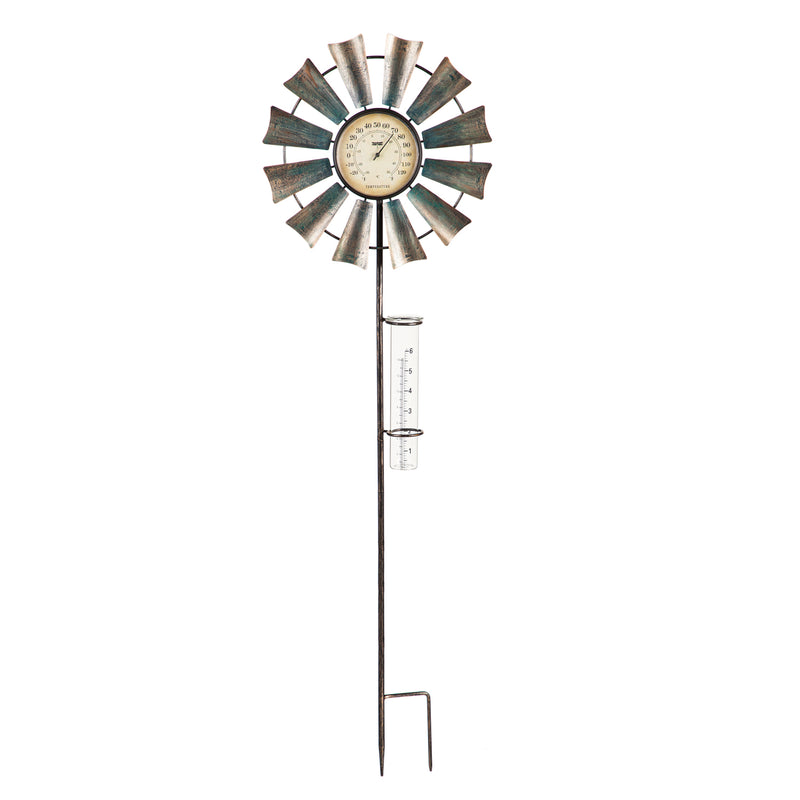 36"H Bronze and Metallic Thermometer w/ Rain Gauge, Windmill, 11.02"x1.97"x36"inches