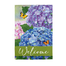 Hydrangea and Butterfly Welcome Burlap House Flag