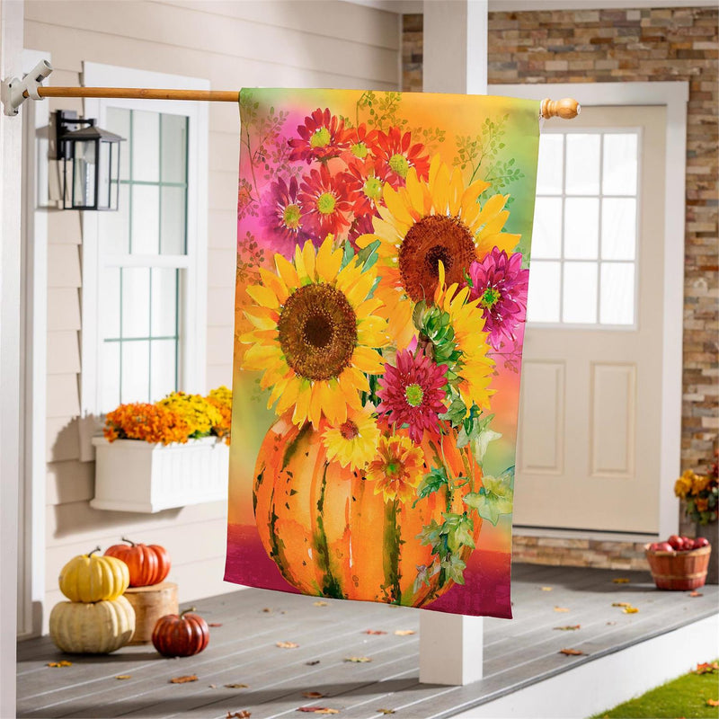 Pumpkin Floral Watercolor Burlap House Flag