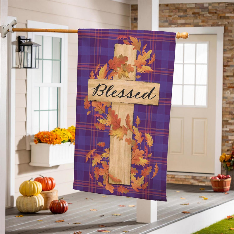 Blessed Cross Burlap House Flag