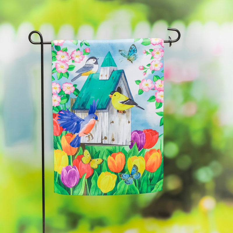 Birdhouse Blooms Garden Suede Flag