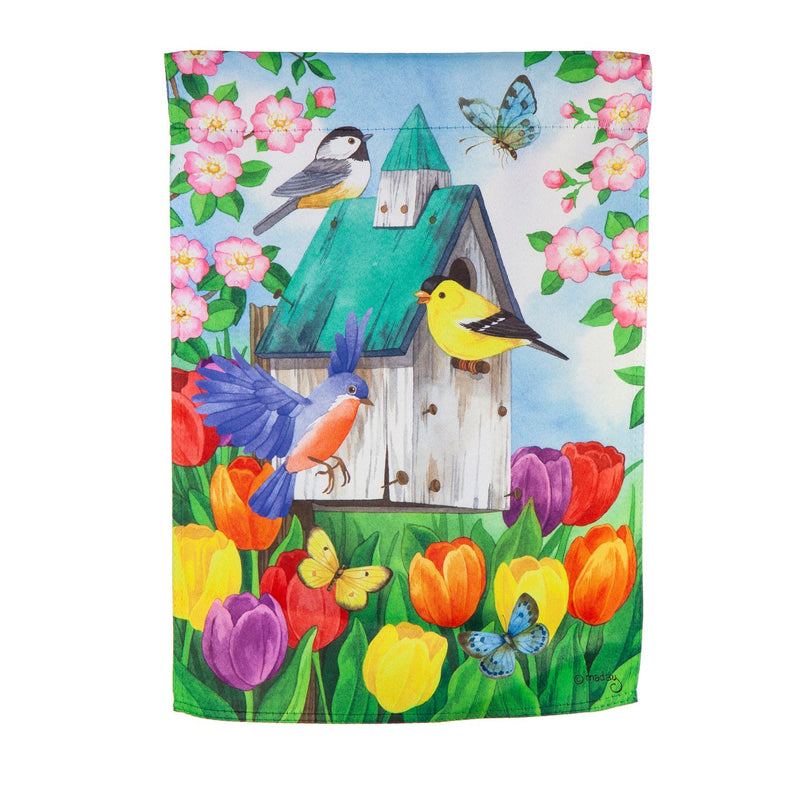 Birdhouse Blooms Garden Suede Flag