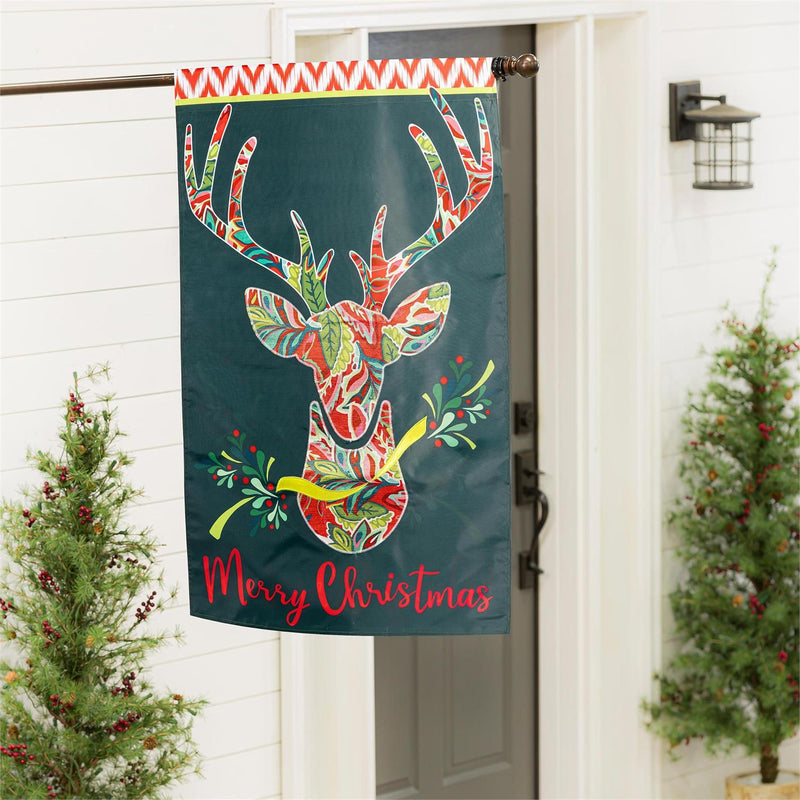 Patterned Reindeer Applique House Flag