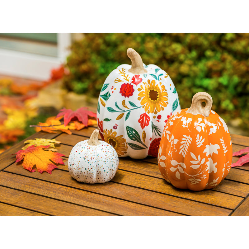 Evergreen Statuary,Set of 3 Printed Ceramic Pumpkins, Autumn Blooms,6.3x8.64x6.3 Inches