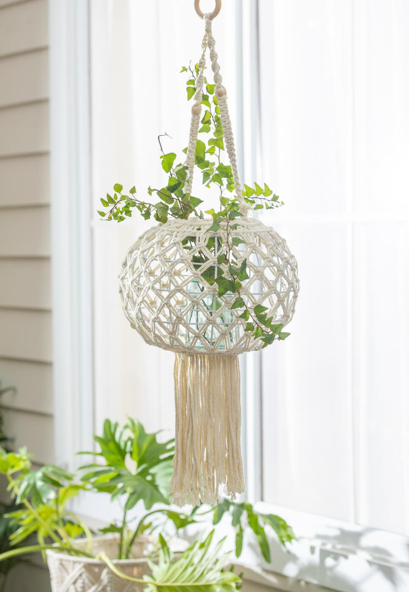 Macrame Large Hanging Globe Plant Cover, Natural