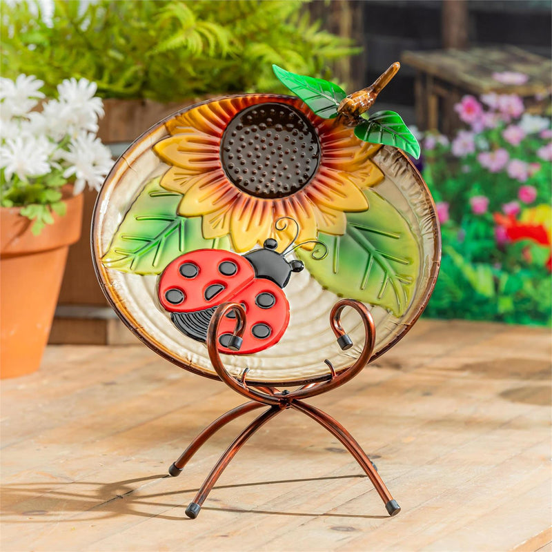Pollinator Garden Birdbath, Metal Ladybug  & Sunflower, 17"