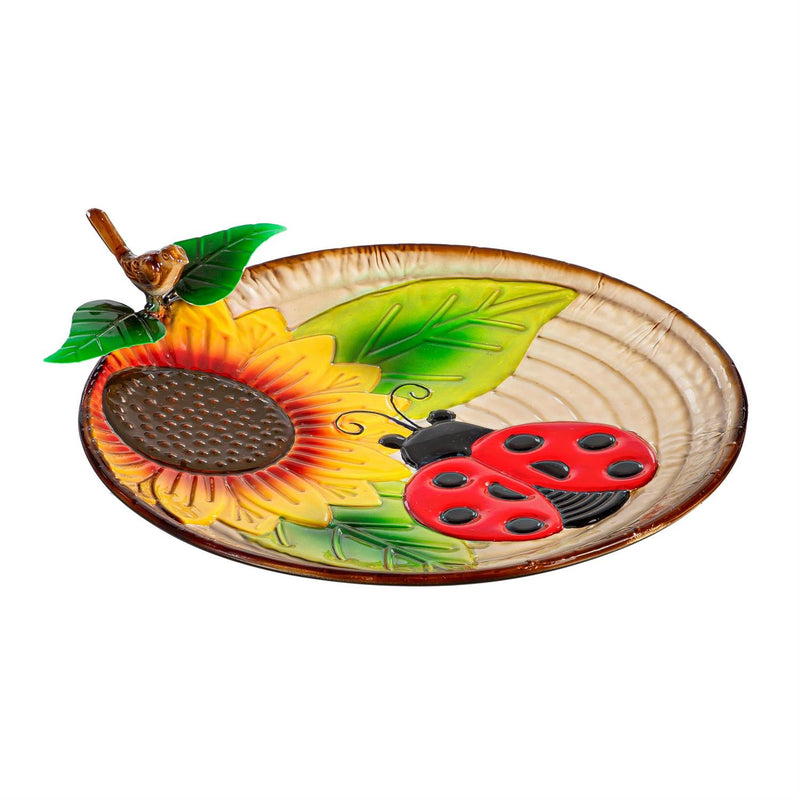 Pollinator Garden Birdbath, Metal Ladybug  & Sunflower, 17"