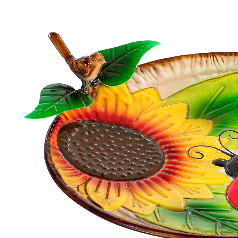 Pollinator Garden Birdbath, Metal Ladybug  & Sunflower, 17"