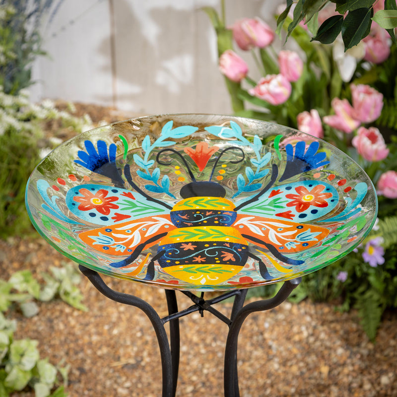 Pollinator Garden Birdbath, Folk Art Bumblebee, 18"