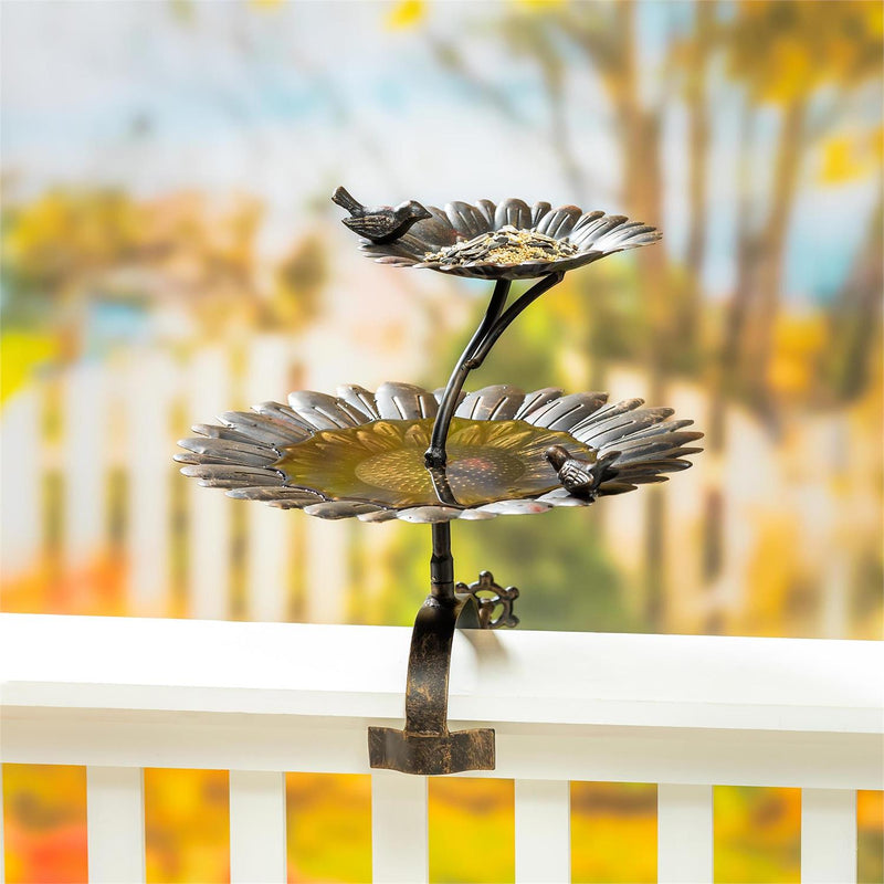 2-in-1 Sunflower Metal Birdbath and Feeder with Mounting Attachment and Stake, 48"H