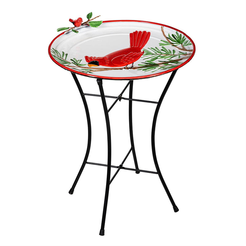 Holiday Poinsettia Birdbath, Metal Birdbath with Stand, Cardinal, 16.5"