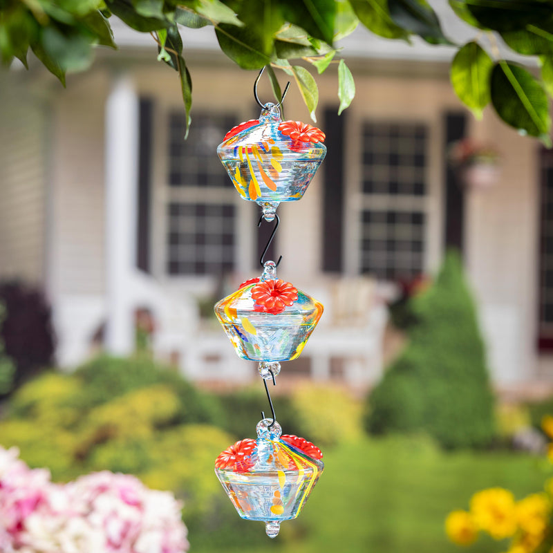 Pollinator Garden Bird Feeder, Art Glass Hanging Chained Hummingbird Feeder, Blue & Yellow