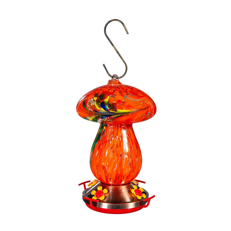 Art Glass Hanging Mushroom Hummingbird Feeder, Orange