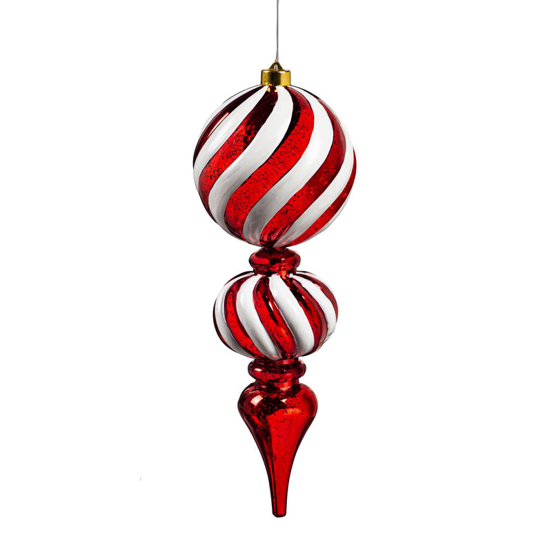17"H Finial Shatterproof Battery Operated White Chasing Light LED Ornament, Red and White Swirl