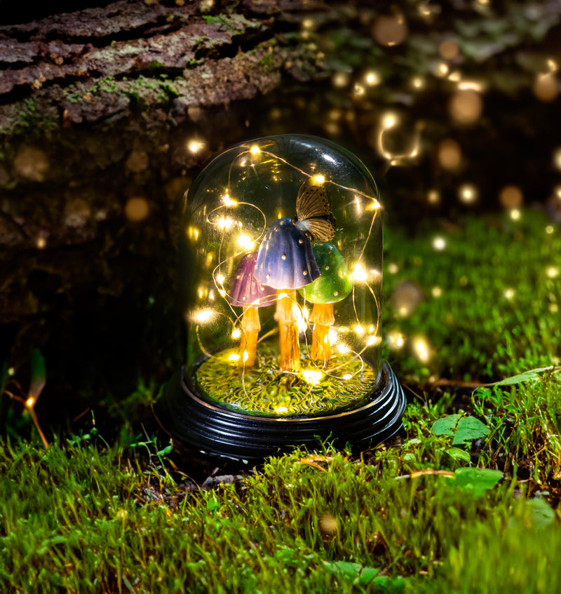 Evergreen Statuary,LED Resin Mushroom Smoked Acrylic Cloche Statue,6.1x6.1x7.3 Inches