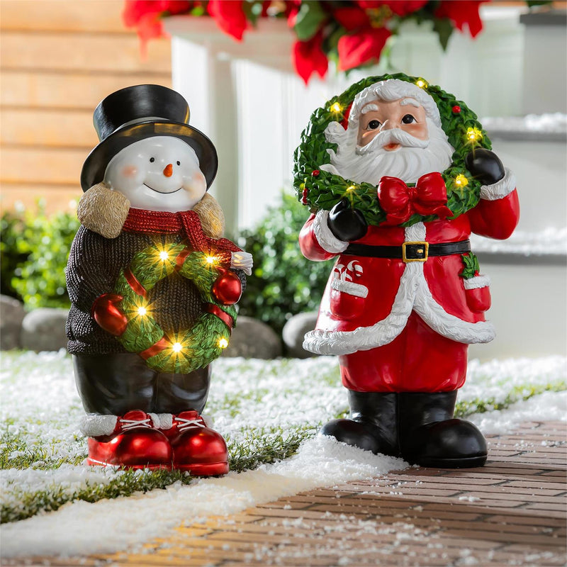 Holiday Poinsettia Garden Statue, LED Resin Statue, Snowman and Santa, 18"H, Asst of 2