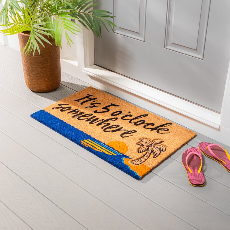 It's 5 O'clock Somewhere with Rubber Embossed Palm Tree Coir Mat
