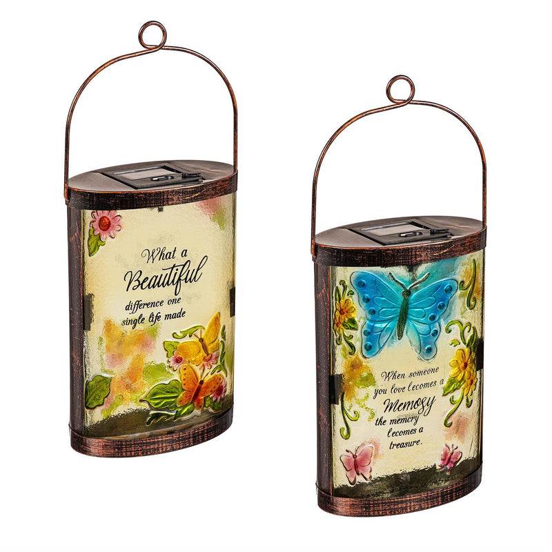 Memorial Butterfly Hand Painted Solar Lantern, 10"H