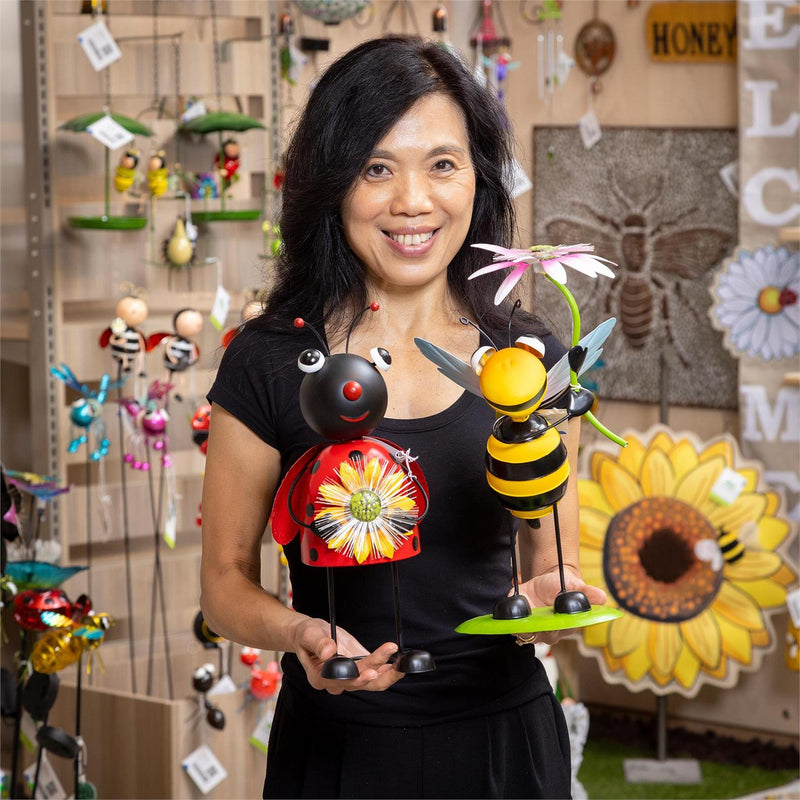 Pollinator Garden Statue, Solar Metal Bee & Ladybug With Fiber Optic, 2 Asst.,, 14"H