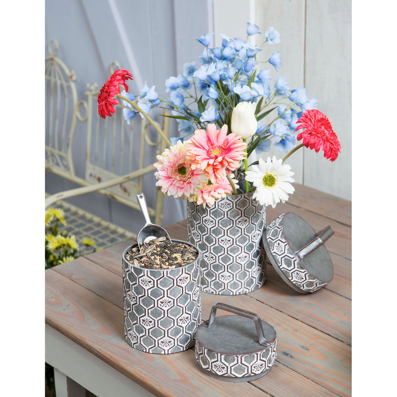 Evergreen Indoor Furniture,Embossed Metal Storage Containers, Outdoor Safe, Nested Set of 2,6.7x6.7x14.57 Inches