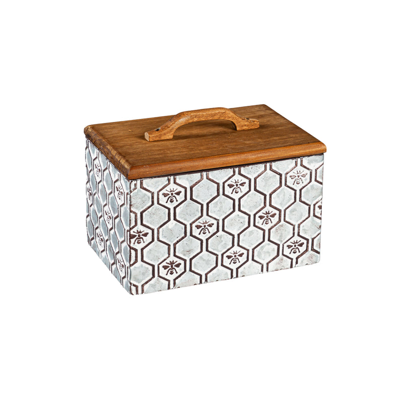 Evergreen Indoor Furniture,Embossed Metal Storage Box with Wood Lid, Nested Set of 2,10.25x7.5x8 Inches
