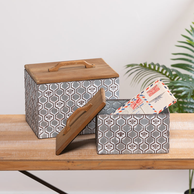 Evergreen Indoor Furniture,Embossed Metal Storage Box with Wood Lid, Nested Set of 2,10.25x7.5x8 Inches