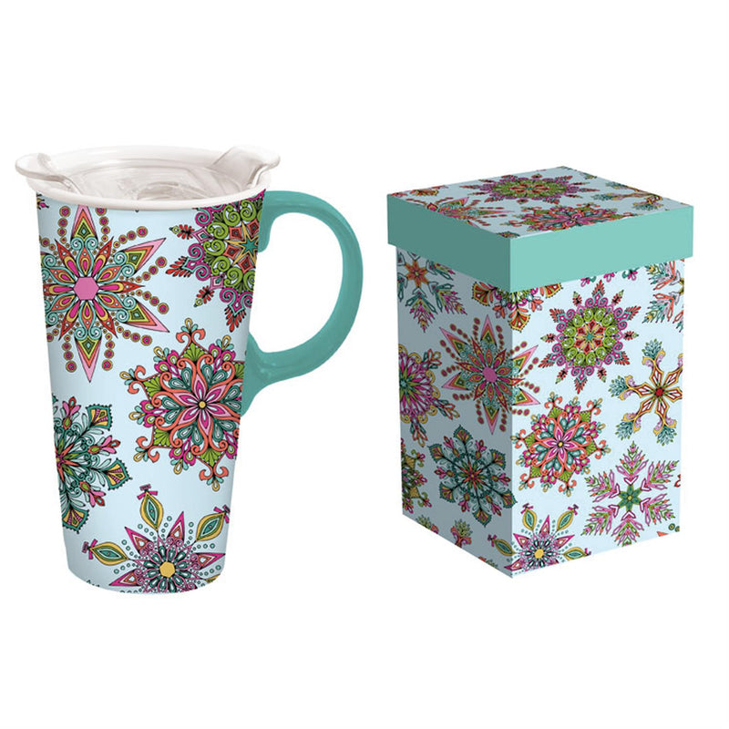 Ceramic Travel Cup, 17 OZ. ,w/box, Floral Kaleidoscope