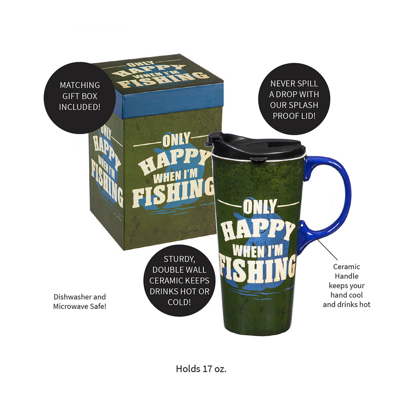 Ceramic Perfect Travel Cup, 17oz, w/ Gift Box, Only Happy When I'm Fishing