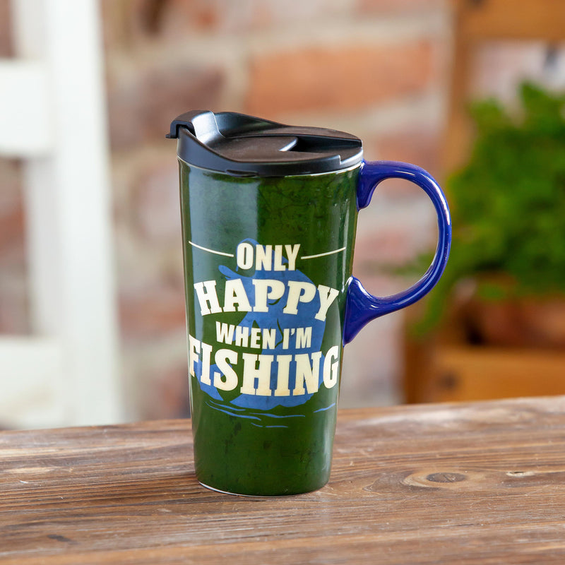 Ceramic Perfect Travel Cup, 17oz, w/ Gift Box, Only Happy When I'm Fishing