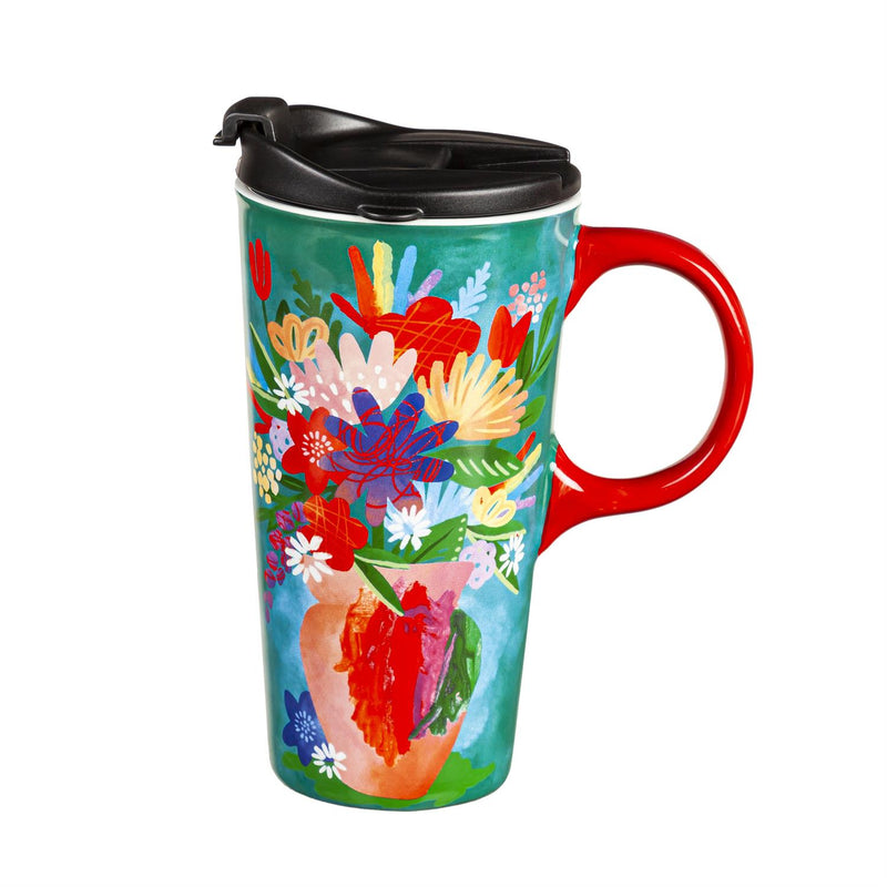 Ceramic Perfect Travel Cup, 17oz, w/ Gift Box, Flowers in Vase