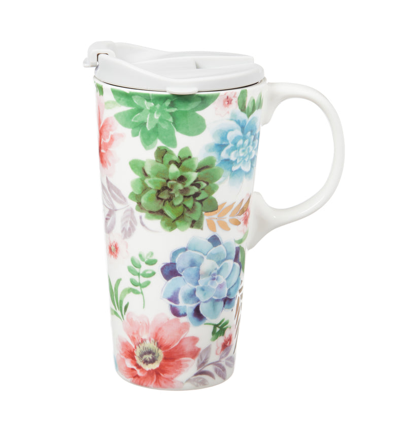 Ceramic Travel Cup w/box, 17 OZ., Fresh Succulents,3ctc047048