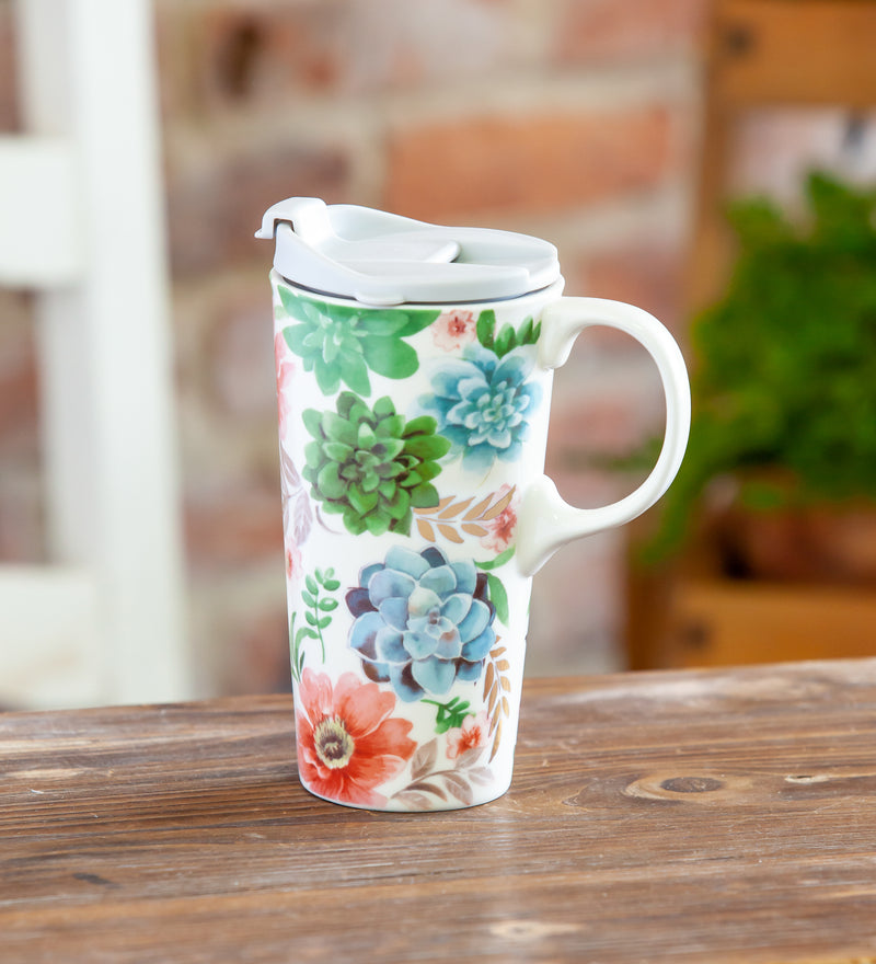 Ceramic Travel Cup w/box, 17 OZ., Fresh Succulents,3ctc047048