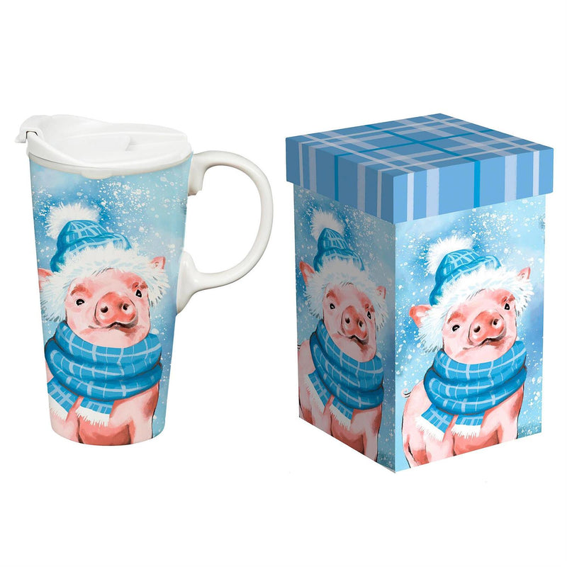 Holiday Poinsettia Travel Cup Ceramic Perfect Cup, Pig, 17oz, Gift Box