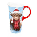 Holiday Poinsettia Travel Cup Ceramic Perfect Cup, Highland Cow, 17oz, Gift Box