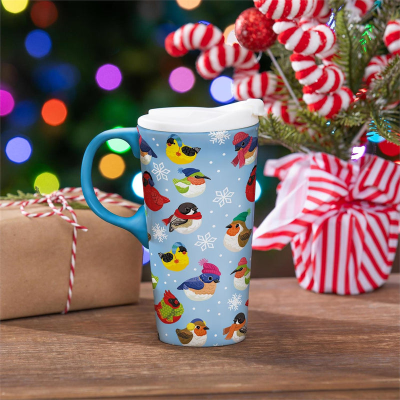 Holiday Poinsettia Travel Cup Ceramic Perfect Cup, Portly Birds, 17oz, Gift Box