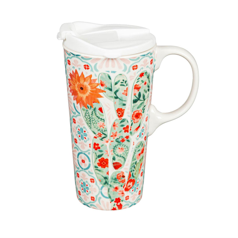 Ceramic Travel Cup, 17 OZ. ,w/box, Desert Cacti Floral